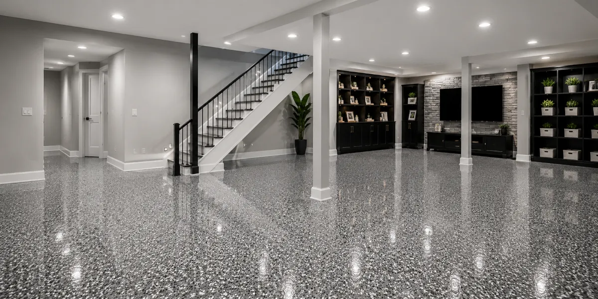 Basement after epoxy flooring transformation