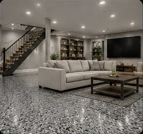 Finished basement with beautiful epoxy flooring