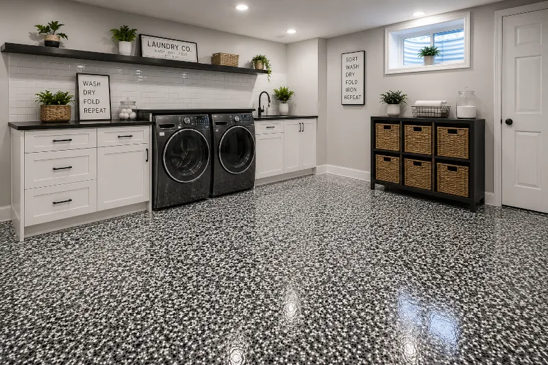 Clean organized basement with seamless epoxy floor