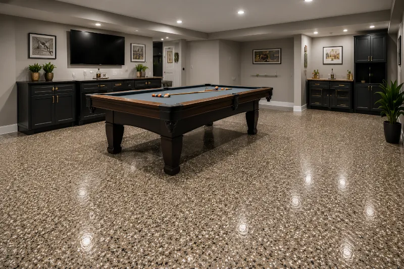 Entertainment basement with epoxy flake flooring