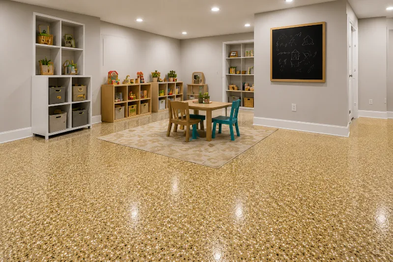 Finished basement living area with epoxy flooring