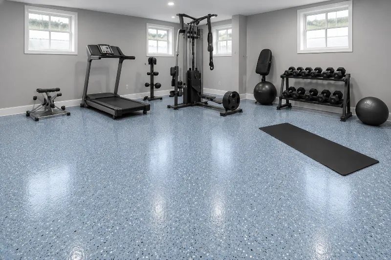 Home gym basement with durable epoxy floor