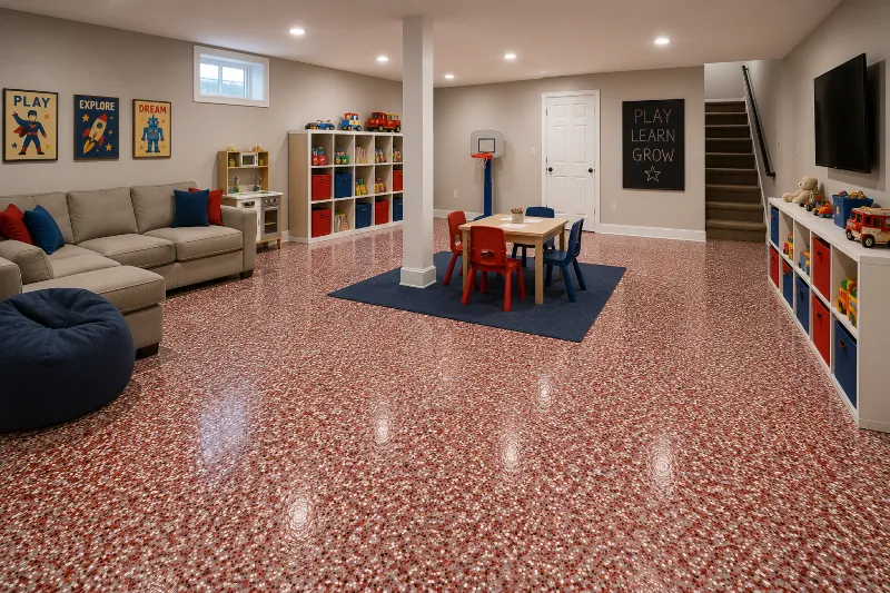 Kid-friendly basement play space with epoxy floor