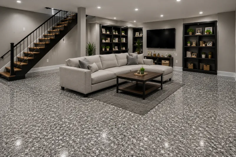 Modern family room basement with epoxy flooring