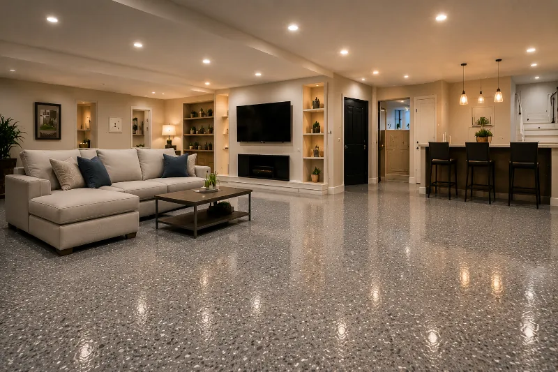 Basement epoxy floor in finished living space