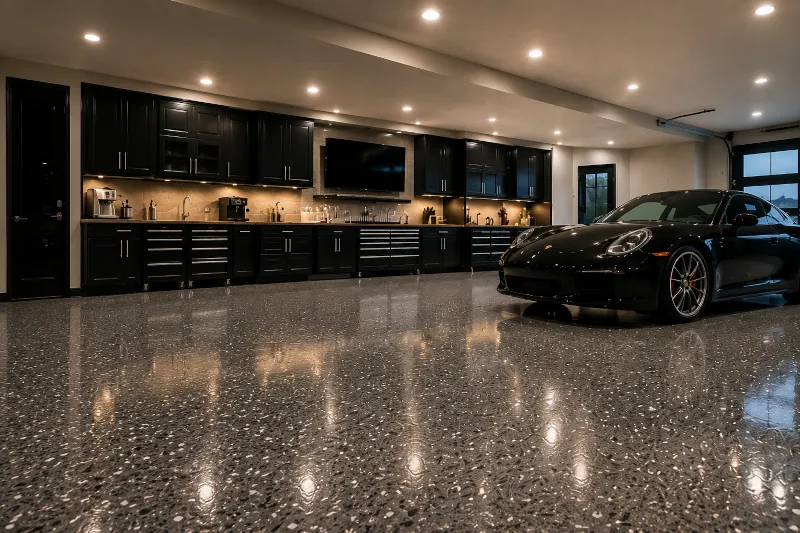 Garage epoxy floor with decorative flake finish