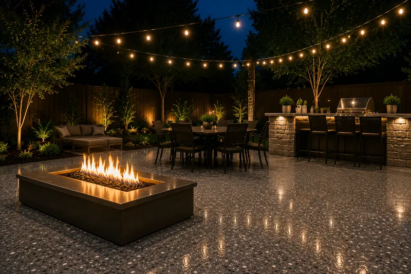 Outdoor patio with epoxy flake flooring at night