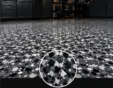 Finished decorative flake epoxy garage floor