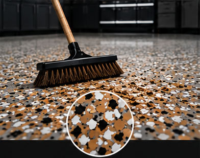 Cleaning epoxy garage floor with push broom
