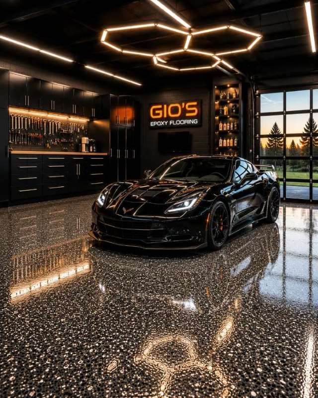Epoxy flake garage floor installed by Gio's Epoxy Flooring