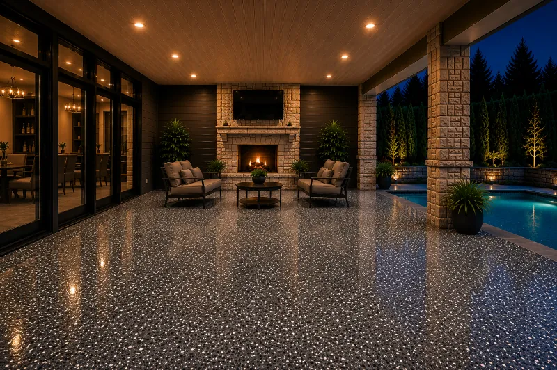 Covered patio with fireplace and epoxy flooring