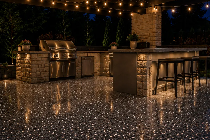 Outdoor kitchen patio with decorative epoxy flake floor