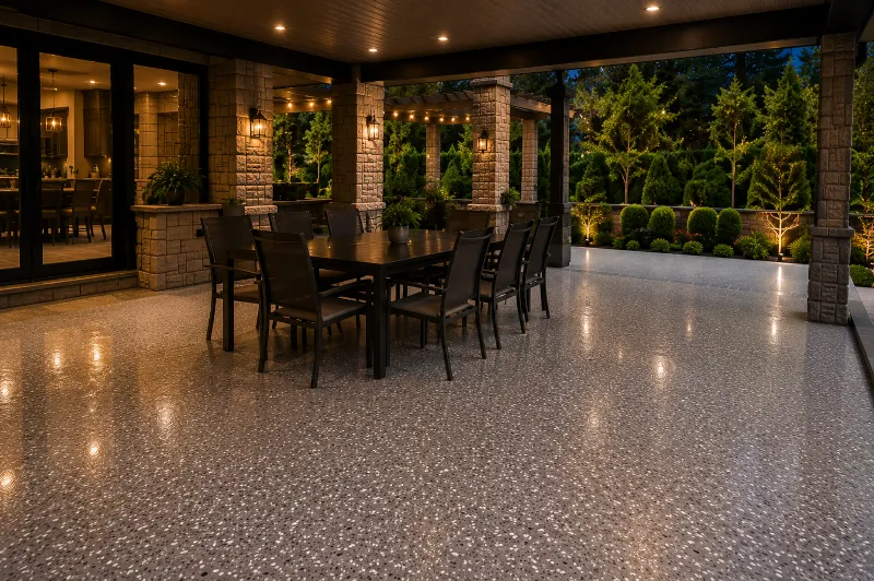Pool deck with UV-stable outdoor epoxy flooring