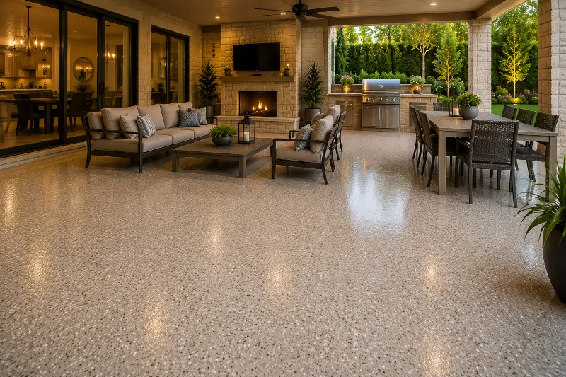 Entertainment patio with decorative epoxy flake floor