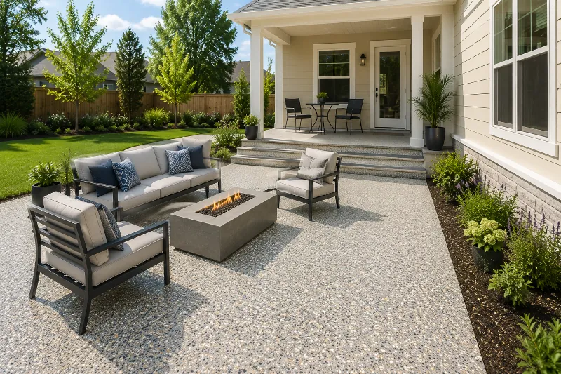 Backyard fire pit patio with glossy outdoor epoxy finish